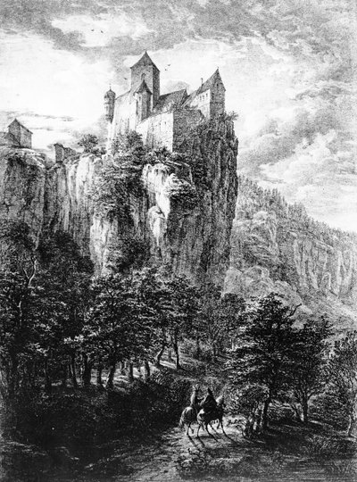 Castello di Prunn in Altmuhlthal, stampa di Friedrich Wilhelm Bollinger, 1818 da Domenico Quaglio